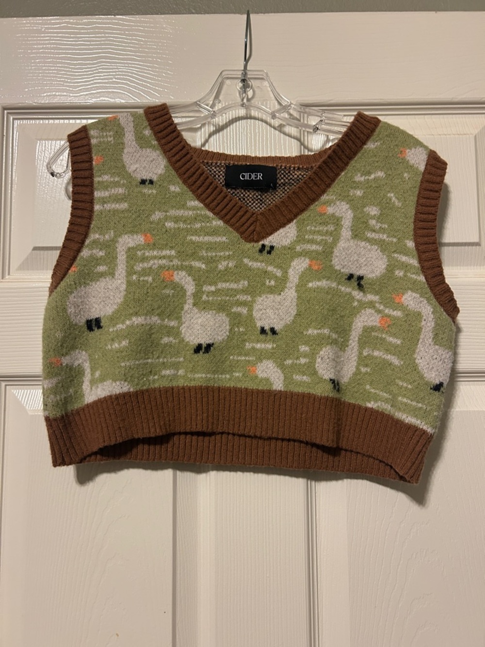 Cider Olive Green Goose Knit Vest with Brown Trim cropped large